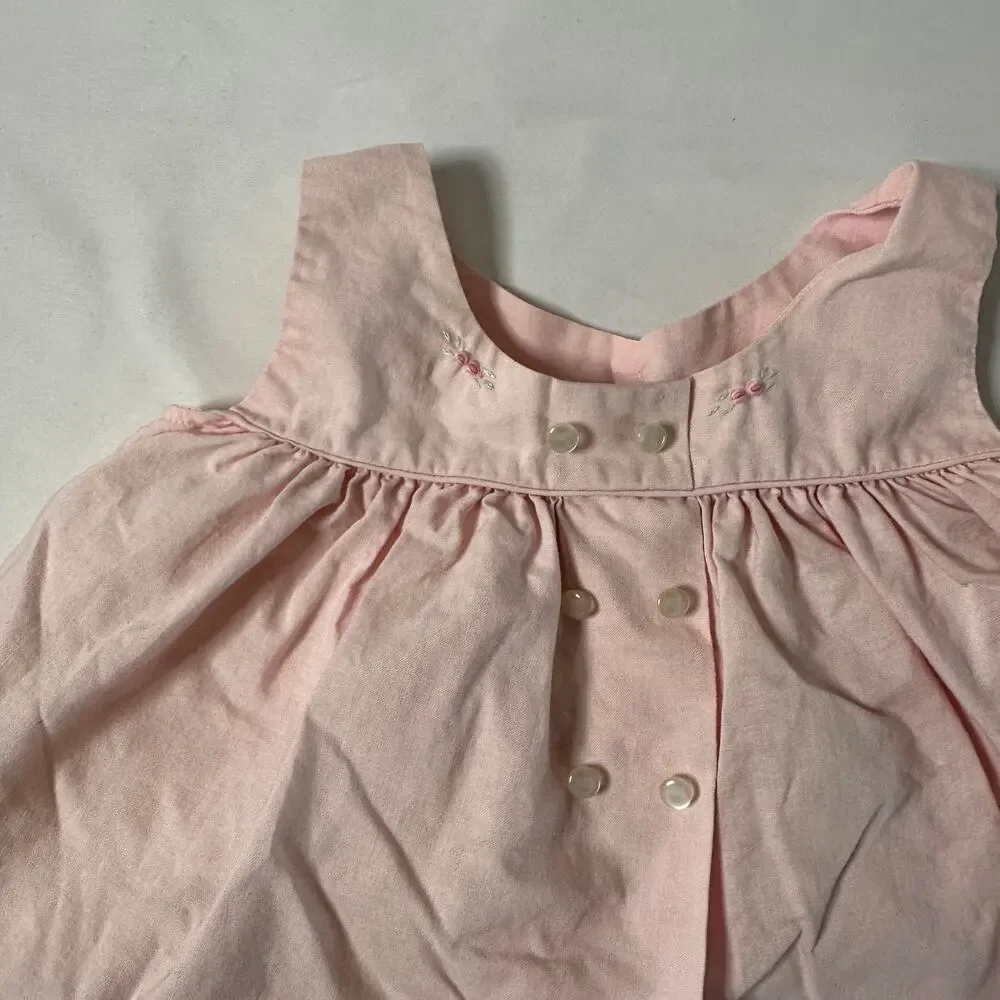 Vintage Pink Floral Embroidered Eyelit Trim Sleeveless Babydoll Dress Sz 0-3 mo